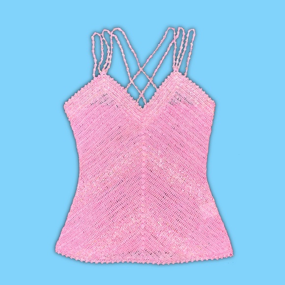 Tops - Baby Pink Y2K Beaded Crochet Strappy Tank Top